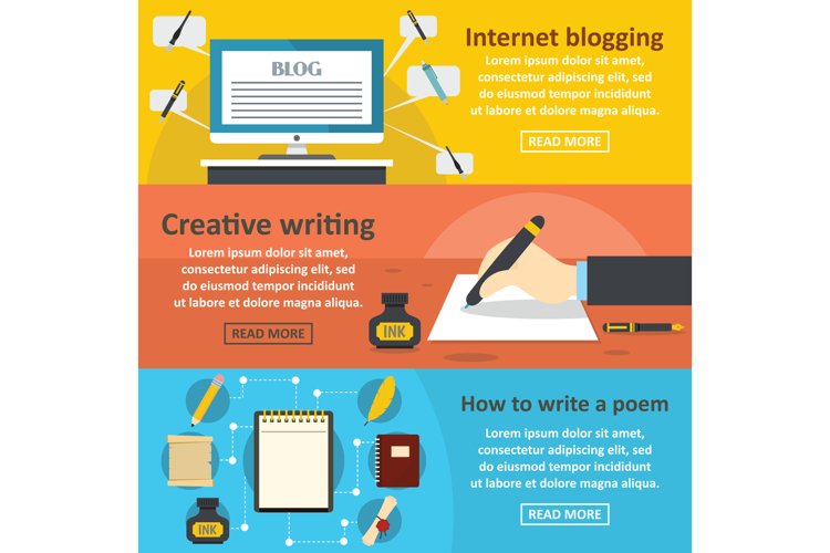 Blogging write banner horizontal set, flat style example image 1