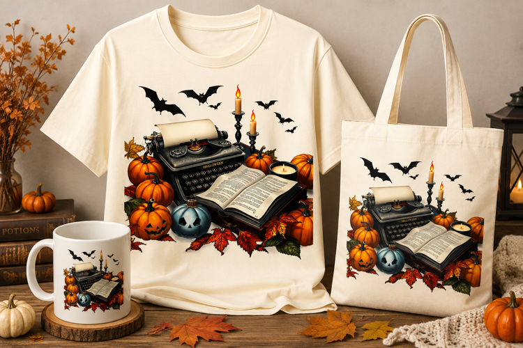 Halloween Typewriter PNG | Pumpkins, Candles, Book & Bats