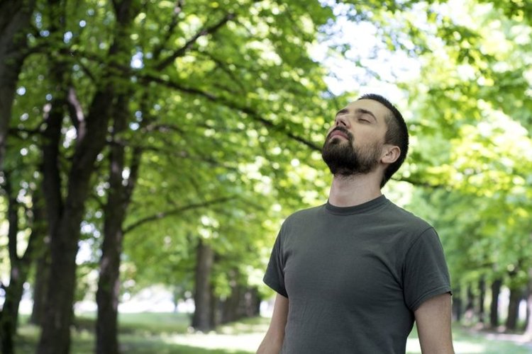 Young caucasian man enjoy nature in the sunny forest
