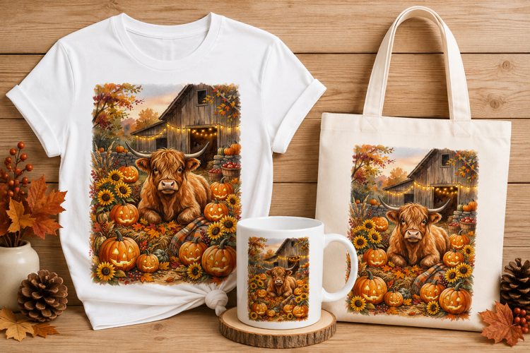 Highland Cow Jack O Lantern Fall Farmhouse Watercolor