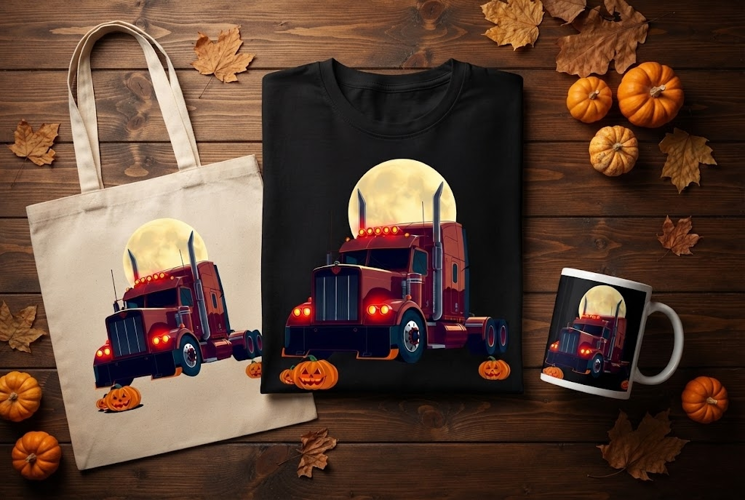 Red Semi Truck Halloween Design with Full Moon and Pumpkins