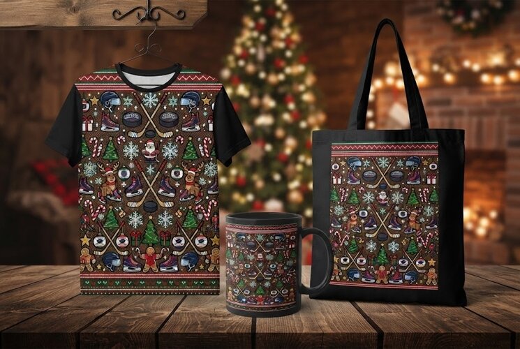 Christmas Hockey Ugly Sweater Pattern Design example image 1