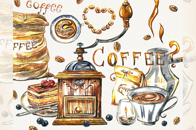 Coffee clipart, coffee cup, food clipart, watercolor coffee example image 1