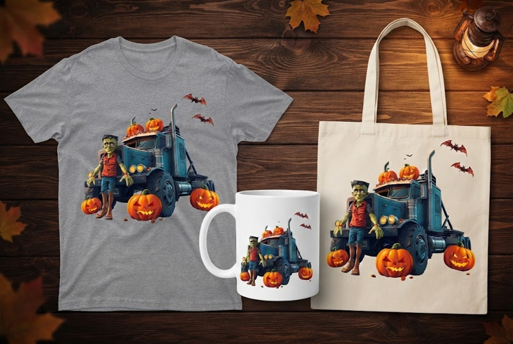 Frankenstein Trucker Halloween Design with Pumpkins