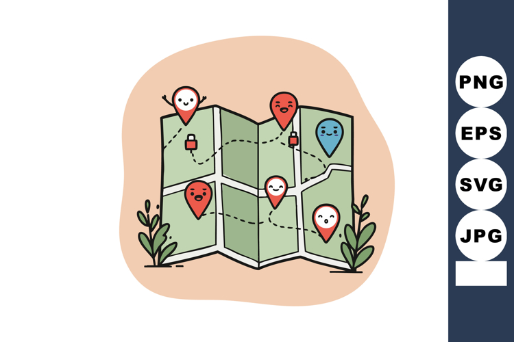 Map with multiple location pins showing different facial exp