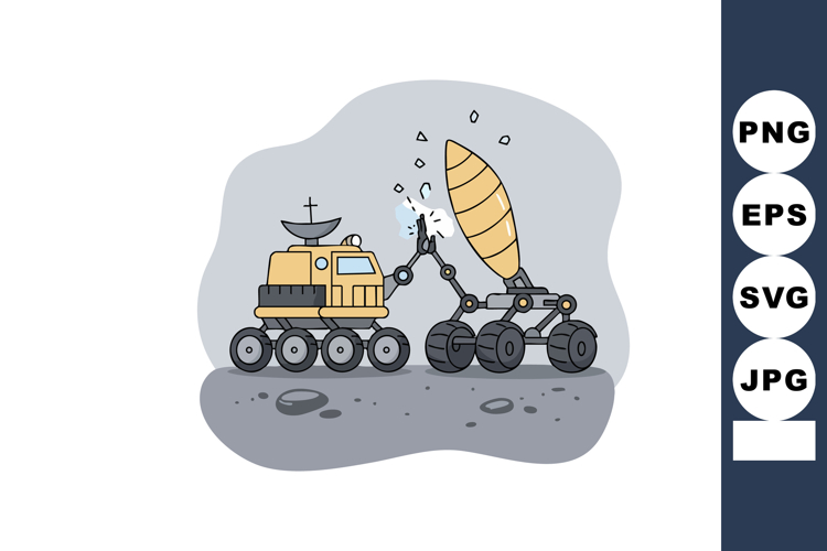 Mars rover and robotic arm repairing satellite dish on rocky