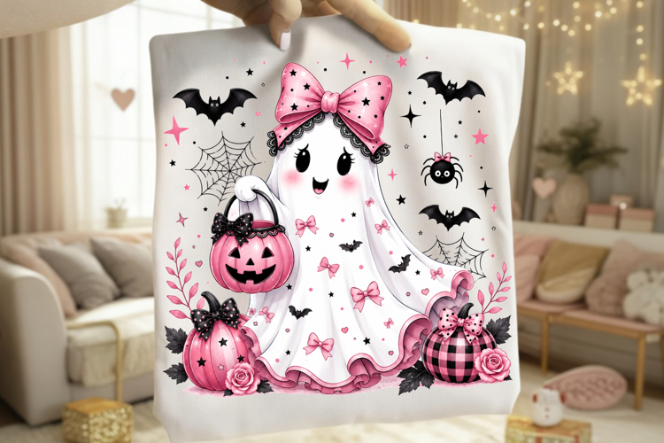 Pink Halloween Ghost PNG, Cute Ghost Bow Sublimation