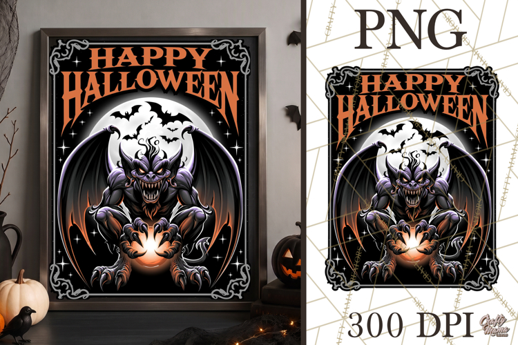 Happy Halloween Gargoyle Monster Sign PNG Graphic
