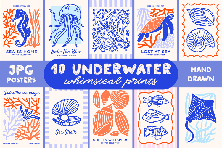 10 Ocean Life Prints, Coastal Wall Art, Sea Animals Posters