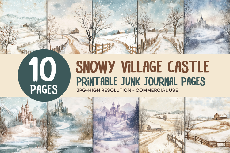 Snowy Village Castle Junk Journal Pages
