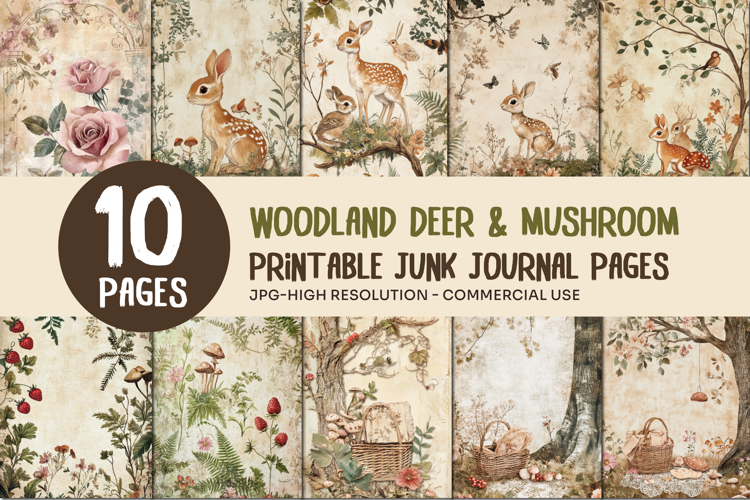 Woodland Deer & Mushroom Junk Journal Pages
