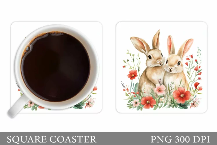 Cute Bunny Coaster Design. Bunny Flowers Coaster
