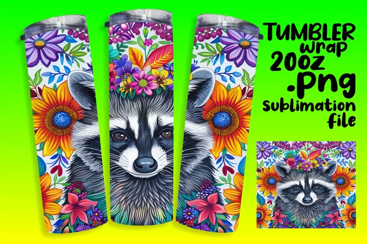 Sublimation Tumbler Wrap: Raccoon & Flowers Design