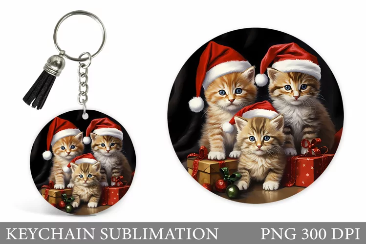 Christmas Cats Keychain. Cats Round Keychain Design