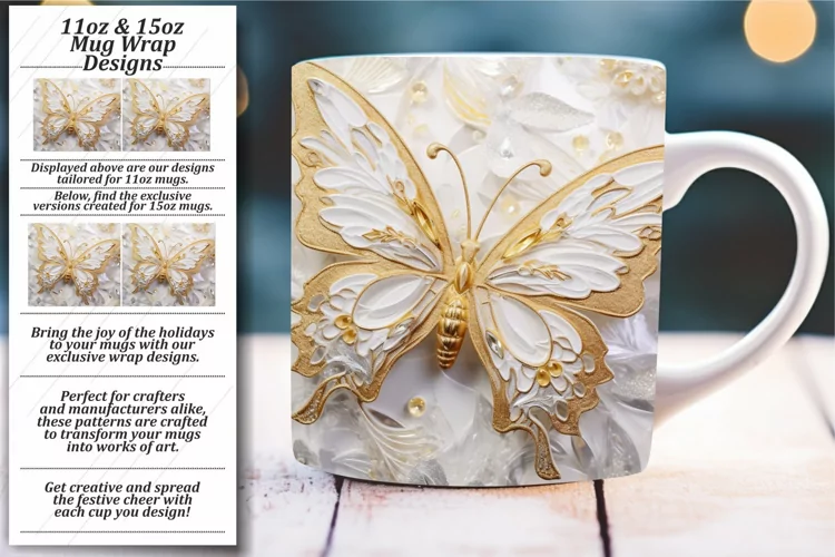 Radiant Glossy Wings: 3D Butterfly Mug Wrap 11oz 15oz
