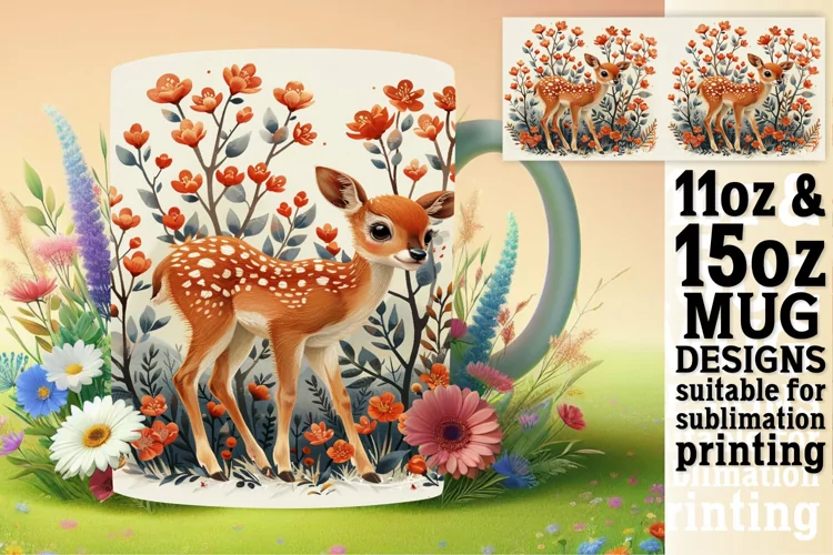 Deer Watercolor Mug Wrap Design Sublimation