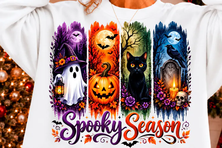 Spooky Season Halloween Cat Ghost Pumpkin T-Shirt Design