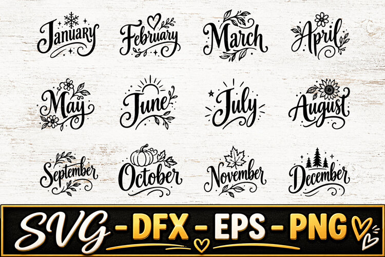 Elegant Floral Months Calendar SVG PNG example image 1
