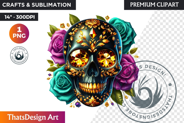 Floral Black Gold Sugar Skull dia de muertos Clipart PNG