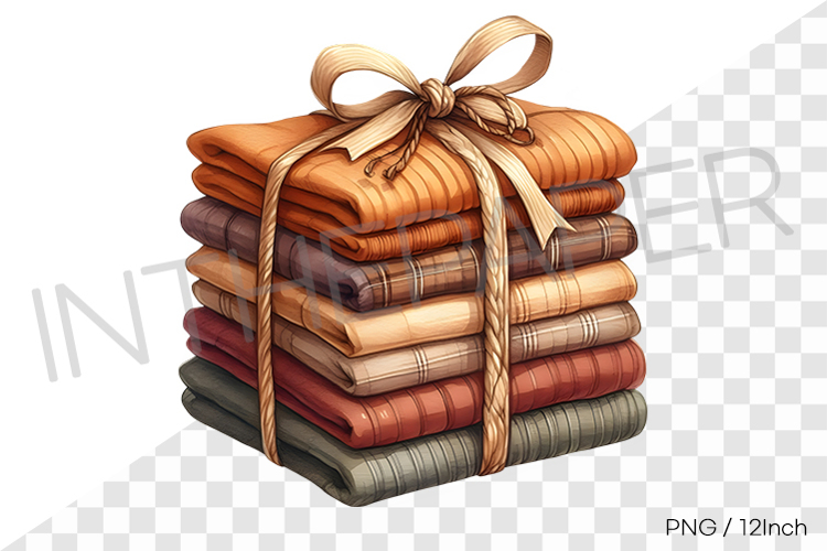 Beige silk ribbon tied cozy fall fabric stack PNG linen art