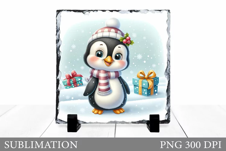 Christmas Penguin Slate Design. Cute Penguin Sublimation