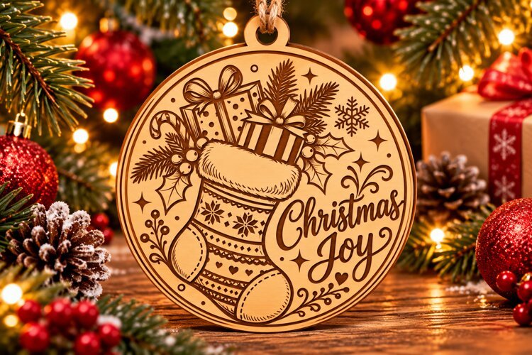 Christmas Joy Stocking Wooden Ornament PNG Laser Cut SVG example image 1