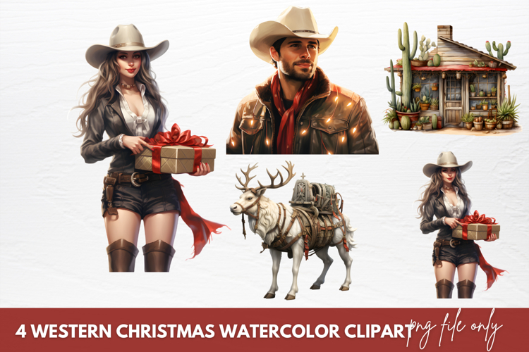 Western Christmas Watercolor Clipart Sublimation