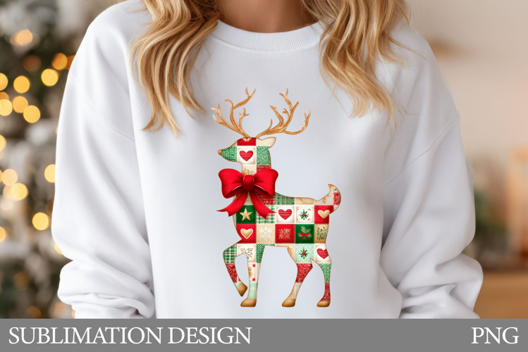 Patchwork Deer Sublimation. Christmas Reindeer T-Shirt