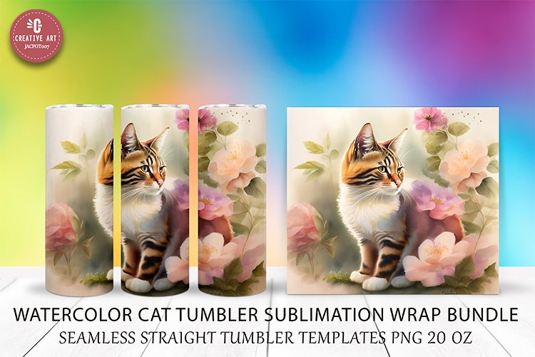 Cat Tumbler Sublimation Wrap Watercolor Seamless