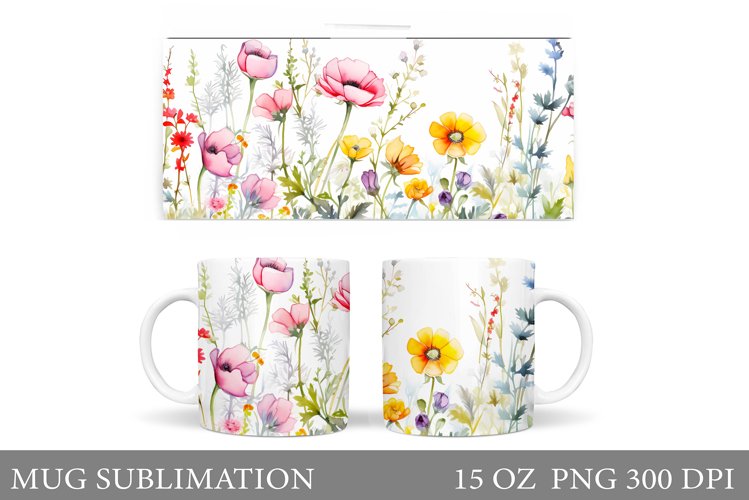 Wildflowers Mug Sublimation. Flowers Mug Wrap Design
