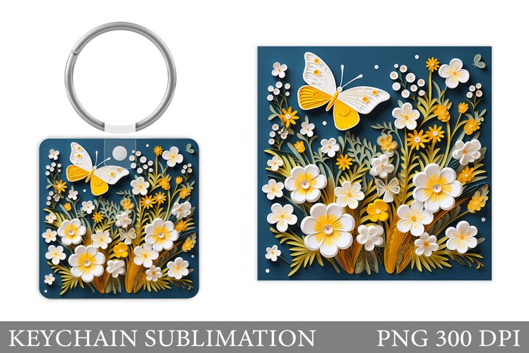 Butterfly Keychain Sublimation. Square Keychain Flowers example image 1