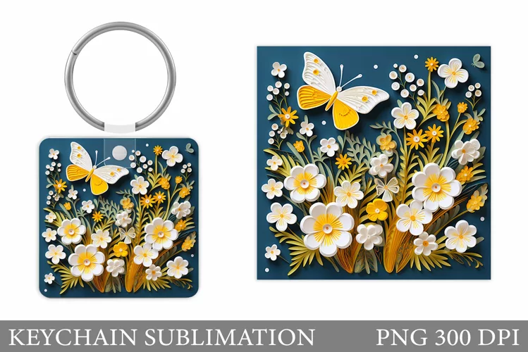 Butterfly Keychain Sublimation. Square Keychain Flowers