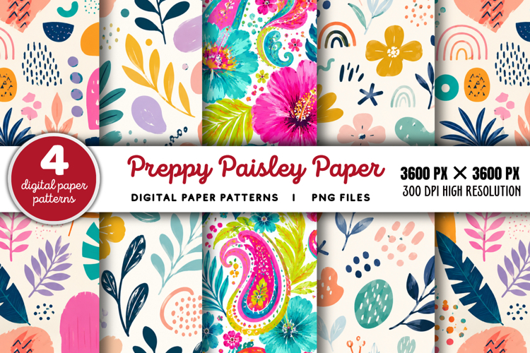 Bright Preppy Paisley Digital Paper PNG