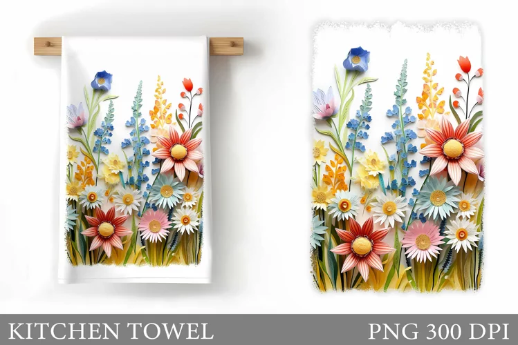 3D Flowers Kitchen Towel. 3D Wildflowers Kitchen Towel