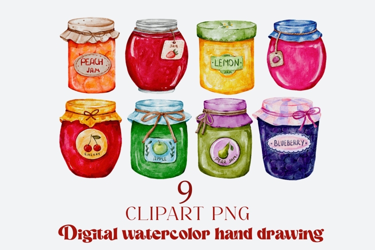 Watercolor fruit jam glasses png clip art 9