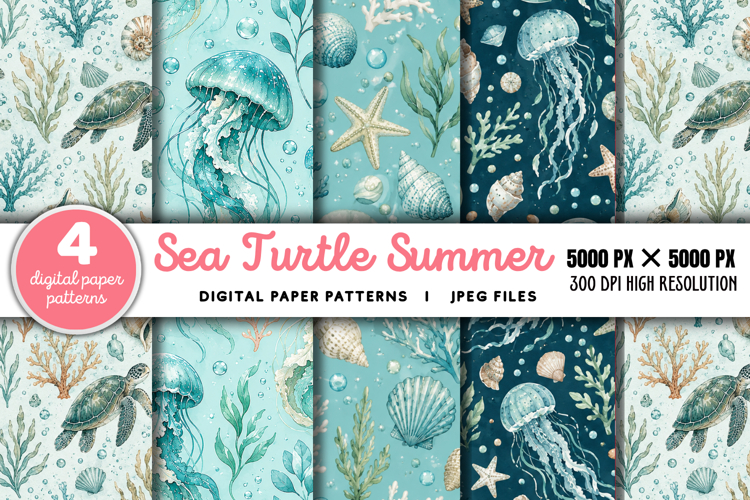 Sea Turtle Summer Seamless Pattern JPG