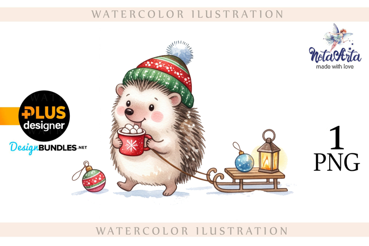Watercolor illustration of Christmas hedgehogs