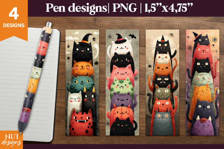 Funny Halloween cats pen designs. Waterslide pen wraps