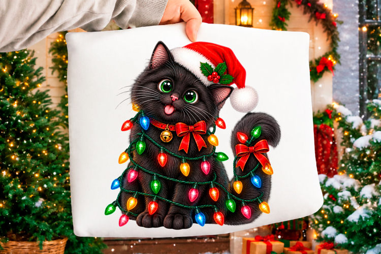 Cute Black Cat Christmas Lights Holiday T-Shirt Design