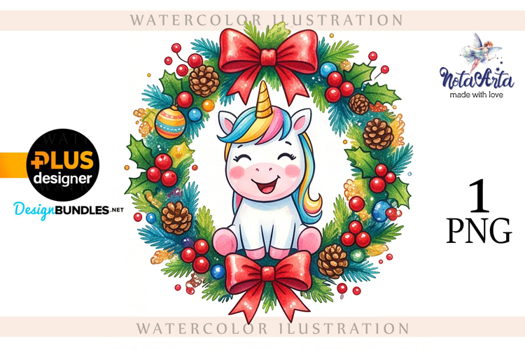 Christmas Unicorn Watercolor Illustration