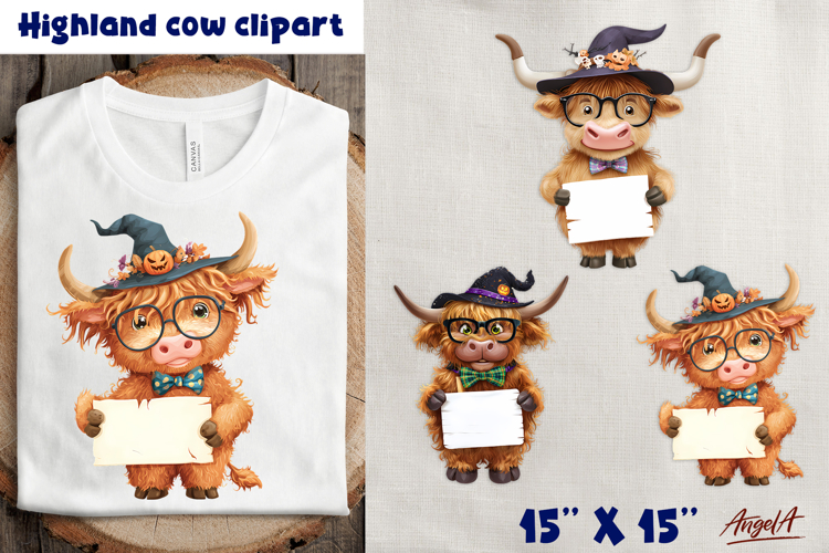 Halloween Highland cow with witch hat with space clipart PNG