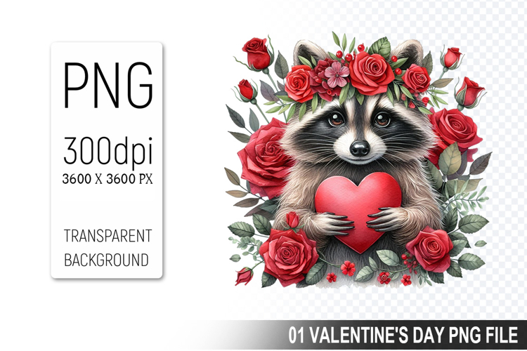 Valentines Cute Raccoon Clipart PNG, Digital Download File