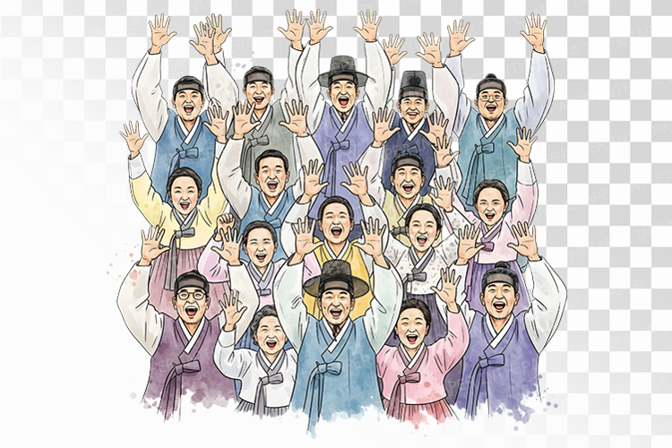 Diverse Historical Koreans Manse Cheering Crowd PNG