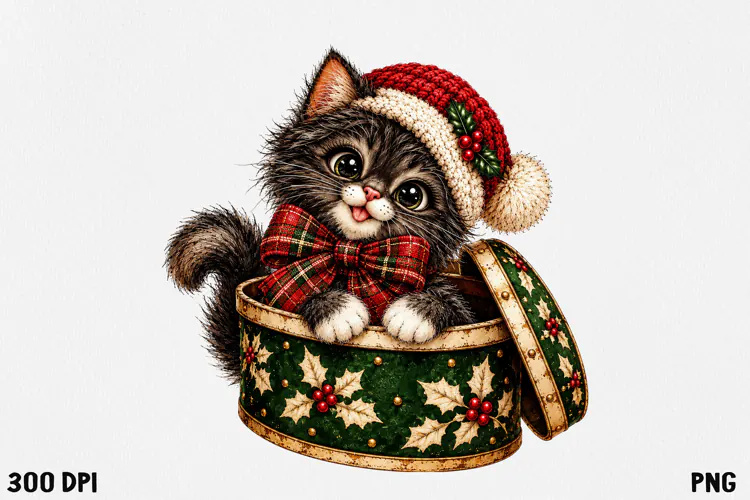 Cute Christmas Cat Clipart PNG | Whimsical Holiday Kitty
