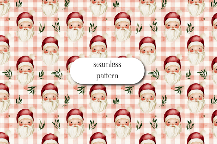 Cute Santa Gingham Seamless Watercolor Christmas Pattern