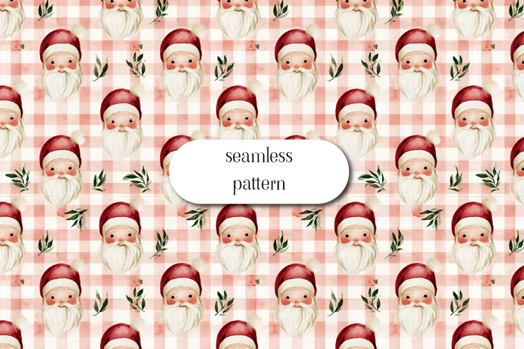 Cute Santa Gingham Seamless Watercolor Christmas Pattern