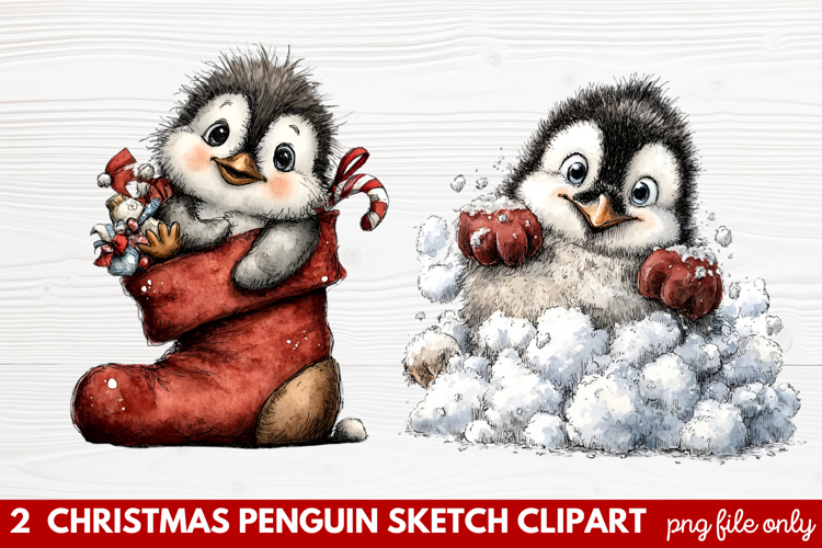 Christmas Penguin Sketch Clipart | Hand-Drawn Holiday