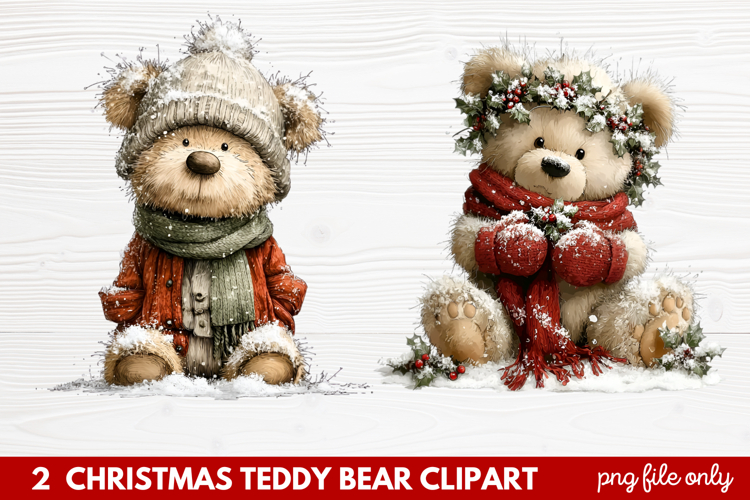 2 Christmas Teddy Bear Clipart | Cute Holiday Bear PNG Illus