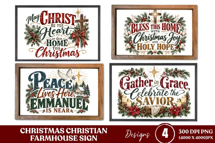 4 Christian Christmas Farmhouse Sign PNGs, 4 Rustic Christma