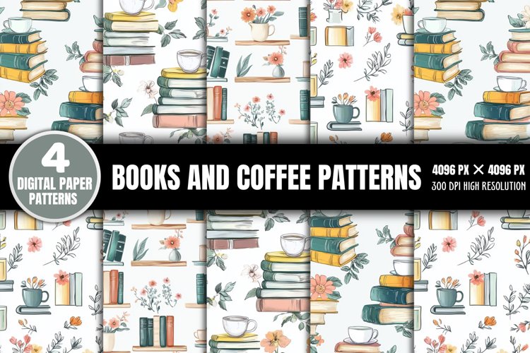 Books and Coffee Digital Paper Patterns PNG